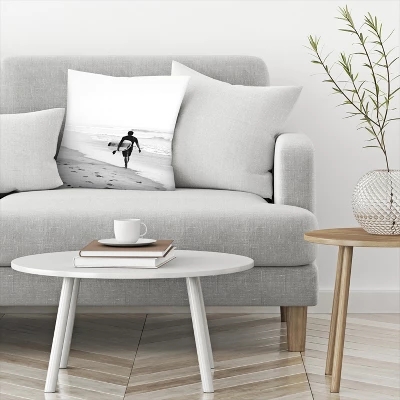 Surfer Walking On The Beach In Black And White By Tanya Shumkina Throw Pillow - Americanflat 2 Surfer Walking On The Beach In Black And White By Tanya Shumkina Throw Pillow - Americanflat - Image 2