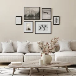 Americanflat 6 Piece Vintage Gallery Wall Art Set - Mountain Range, Four Ravens, Winter Tree, Beached Fishing Boat, Chaos By Maple + Oak