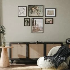 Americanflat 6 Piece Vintage Gallery Wall Art Set - Chickadee, Apple Tree Watercolor, Portrait Sketch, Afghan Rug By Maple + Oak