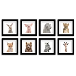 Americanflat Nursery Baby Animals - 8 Piece Square Framed With Mat Gallery Wall Set