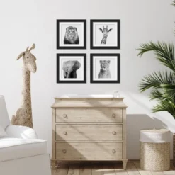 Black And White Nursery Safari - 4 Piece Framed Gallery Wall Set - Americanflat With Mat